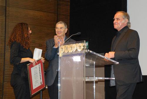 Michael Verhoeven (right) receiving the "Avner Shalev Yad Vashem Chairman's Award" at the 2009 Jerusalem International Film Festival.